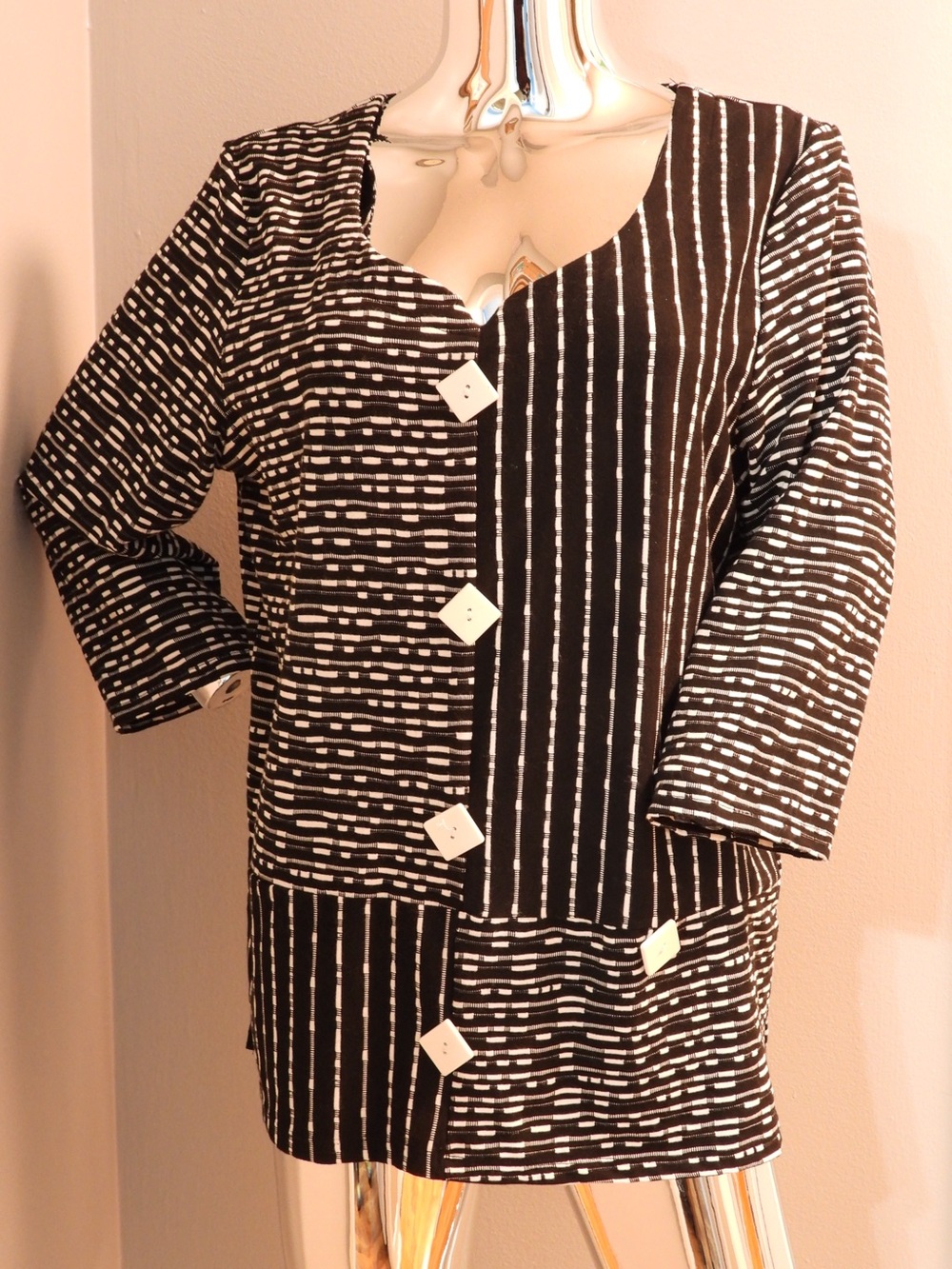 Onque Casuals Black and White Patchwork Stripe Blouse XL